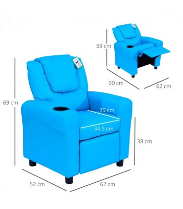 Kids Recliner Armchair Blue PU Leather 62L x 52W x 69H cm Reclining Sofa Bed