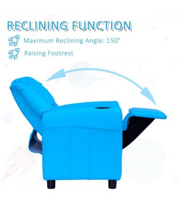 Kids Recliner Armchair Blue PU Leather 62L x 52W x 69H cm Reclining Sofa Bed