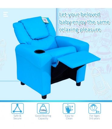 Kids Recliner Armchair Blue PU Leather 62L x 52W x 69H cm Reclining Sofa Bed