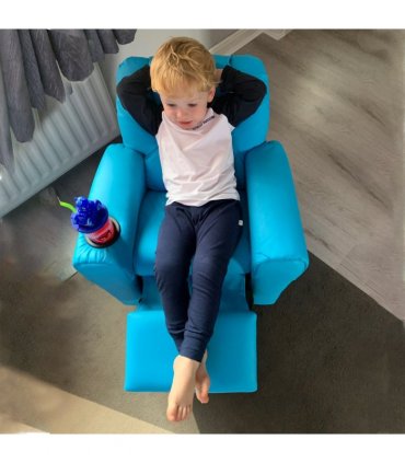 Kids Recliner Armchair Blue PU Leather 62L x 52W x 69H cm Reclining Sofa Bed