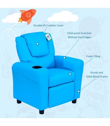 Kids Recliner Armchair Blue PU Leather 62L x 52W x 69H cm Reclining Sofa Bed