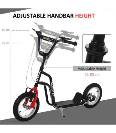 HOMCOM 75-80cm Kids Kick Scooter Adjustable Handlebar Inflatable Wheels Black
