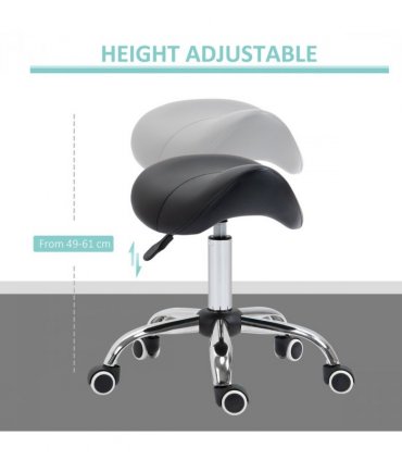 PU Leather Saddle Stool w/ Moulded Padded Seat Adjustable Height 5 Wheels Black