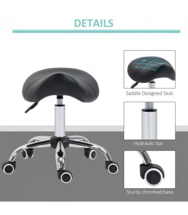 PU Leather Saddle Stool w/ Moulded Padded Seat Adjustable Height 5 Wheels Black
