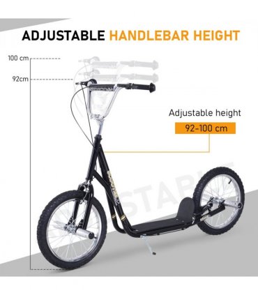 Teen Scooter Children Stunt Scooter 16" Tyres Adjustable Height, Black Steel