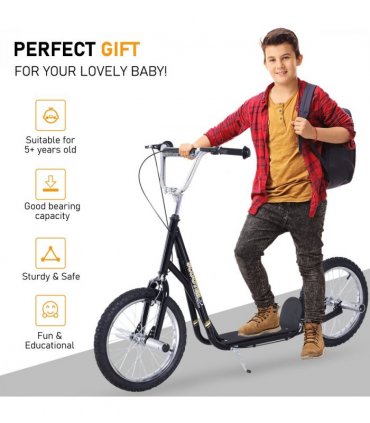 Teen Scooter Children Stunt Scooter 16" Tyres Adjustable Height, Black Steel