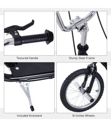Teen Scooter Children Stunt Scooter 16" Tyres Adjustable Height, Black Steel