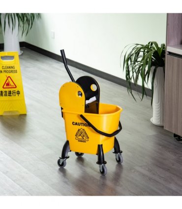 26L Mop Bucket & Water Wringer Wheels Plastic Body Metal Handle Yellow