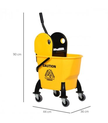 26L Mop Bucket & Water Wringer Wheels Plastic Body Metal Handle Yellow