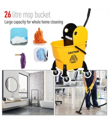 26L Mop Bucket & Water Wringer Wheels Plastic Body Metal Handle Yellow