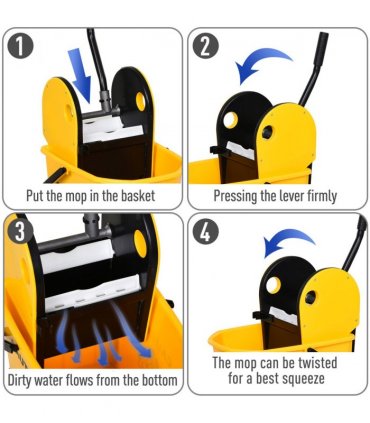 26L Mop Bucket & Water Wringer Wheels Plastic Body Metal Handle Yellow