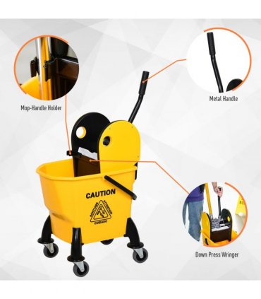 26L Mop Bucket & Water Wringer Wheels Plastic Body Metal Handle Yellow