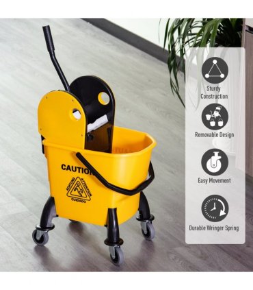26L Mop Bucket & Water Wringer Wheels Plastic Body Metal Handle Yellow