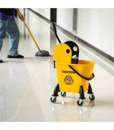26L Mop Bucket & Water Wringer Wheels Plastic Body Metal Handle Yellow