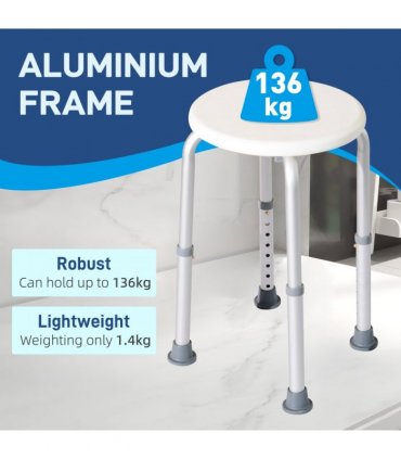 Shower Chair Bath Seat Aluminium White 35.5-54H X 32.2W x 41Dcm Mould Resistant