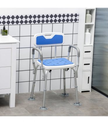 EVA Padded Shower Stool with Back and Arms 4 Suction Foot Pads Blue HOMCOM