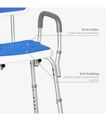 EVA Padded Shower Stool with Back and Arms 4 Suction Foot Pads Blue HOMCOM