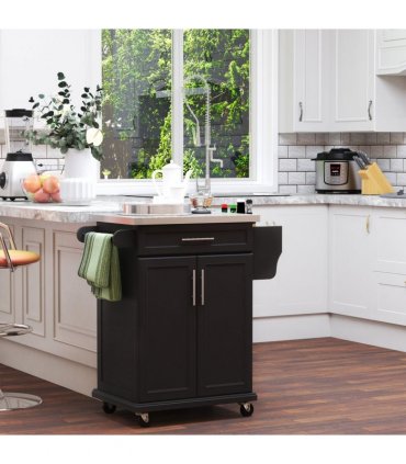 Rolling Kitchen Cart Storage Trolley with Drawer Towel Rail Steel Black HOMCOM