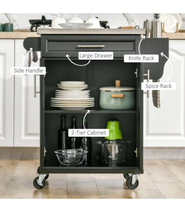 Rolling Kitchen Cart Storage Trolley with Drawer Towel Rail Steel Black HOMCOM