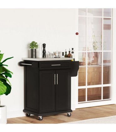 Rolling Kitchen Cart Storage Trolley with Drawer Towel Rail Steel Black HOMCOM