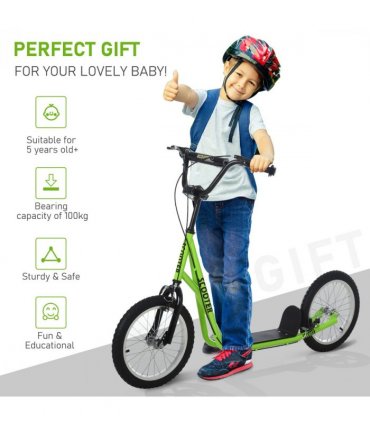 HOMCOM 90-96cm Kids Kick Scooter Adjustable Handlebar Inflatable Wheels Green