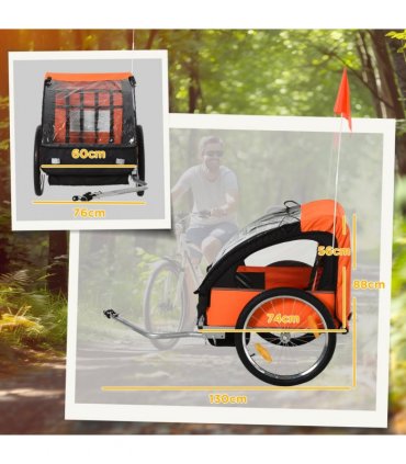 HOMCOM 18m 2-Seat Child Bike Trailer for Kid w/ Steel Frame Seat Belt Orange