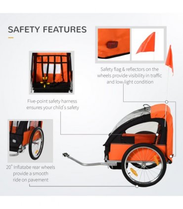 HOMCOM 18m 2-Seat Child Bike Trailer for Kid w/ Steel Frame Seat Belt Orange