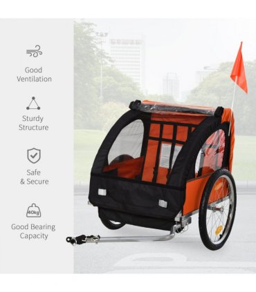 HOMCOM 18m 2-Seat Child Bike Trailer for Kid w/ Steel Frame Seat Belt Orange