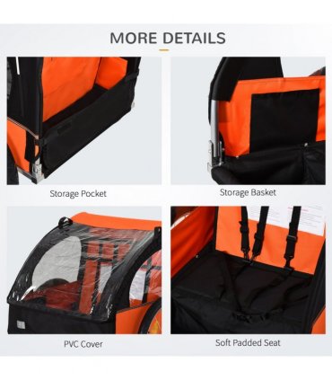 HOMCOM 18m 2-Seat Child Bike Trailer for Kid w/ Steel Frame Seat Belt Orange