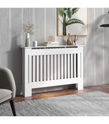 Radiator Cover White MDF Slatted Design Extra Storage Shelf 112x19x81cm