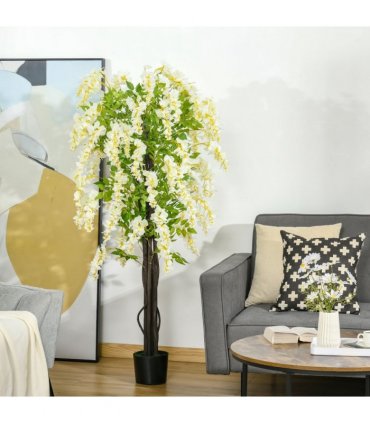 Artificial Realistic White Wisteria Tree Faux Decorative Plant, 160cm HOMCOM