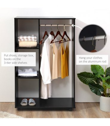 Rolling Open Wardrobe Hanging Rail Storage Shelves for Clothes, Black