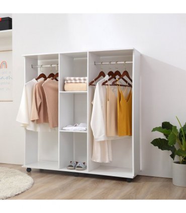 Mobile Double Open Wardrobe w/ Clothes Hanging Rail Colthing White