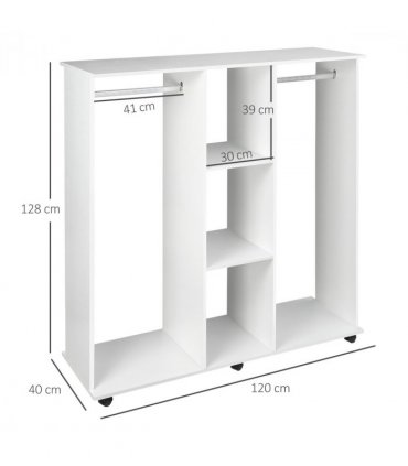 Mobile Double Open Wardrobe w/ Clothes Hanging Rail Colthing White