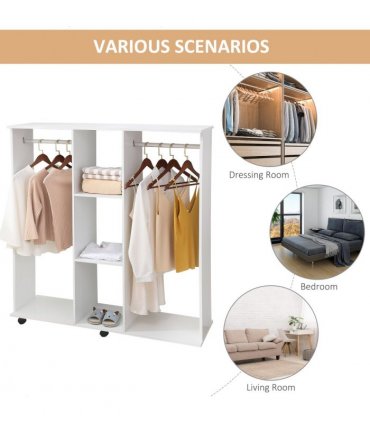 Mobile Double Open Wardrobe w/ Clothes Hanging Rail Colthing White