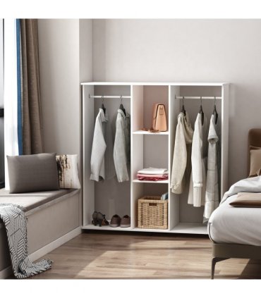 Mobile Double Open Wardrobe w/ Clothes Hanging Rail Colthing White