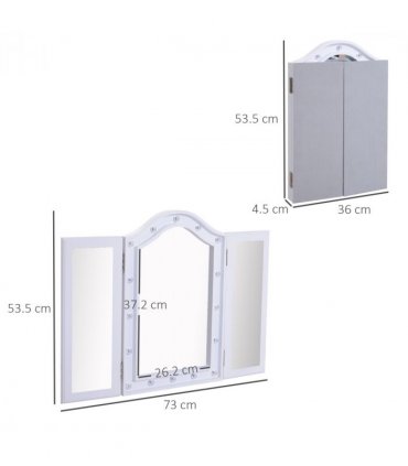 LED Lights Vanity Mirror Tri-Fold White MDF Frame Battery Powered 73W x 53.5Hcm