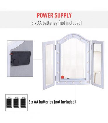 LED Lights Vanity Mirror Tri-Fold White MDF Frame Battery Powered 73W x 53.5Hcm