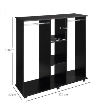 HOMCOM Open Wardrobe Double Mobile Storage Shelves Organizer W/6 Wheels-Black