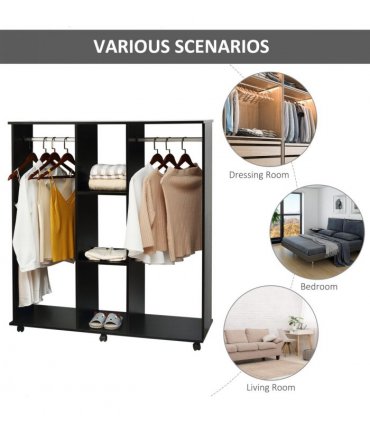 HOMCOM Open Wardrobe Double Mobile Storage Shelves Organizer W/6 Wheels-Black