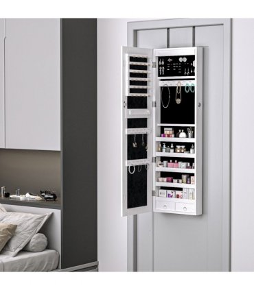 Hanging Mirrored Jewel Storage Cabinet Organiser Lockable w/6 LED White