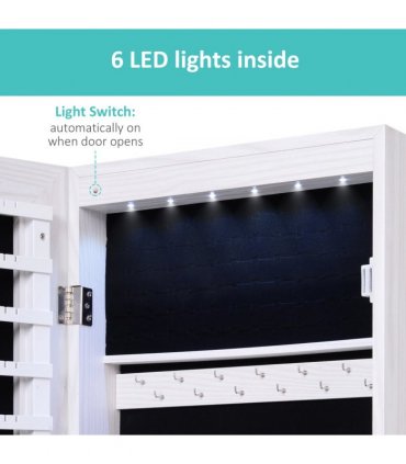 Hanging Mirrored Jewel Storage Cabinet Organiser Lockable w/6 LED White