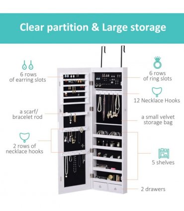 Hanging Mirrored Jewel Storage Cabinet Organiser Lockable w/6 LED White