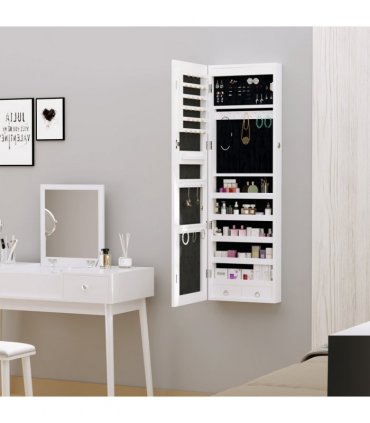 Hanging Mirrored Jewel Storage Cabinet Organiser Lockable w/6 LED White