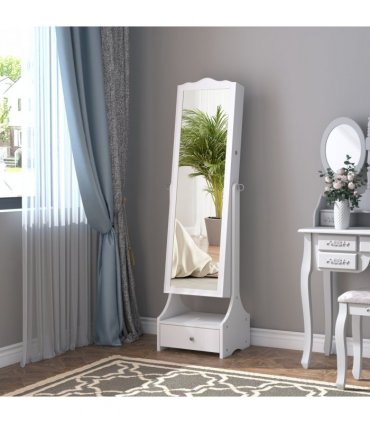 Mirrored Jewelry Cabinet Armoire Floor Standing  Lock, LED Light White