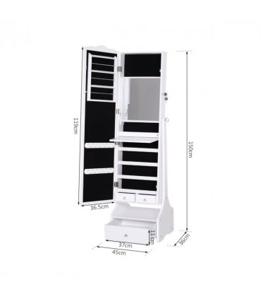 Mirrored Jewelry Cabinet Armoire Floor Standing  Lock, LED Light White