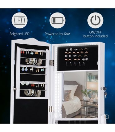 Mirrored Jewelry Cabinet Armoire Floor Standing  Lock, LED Light White