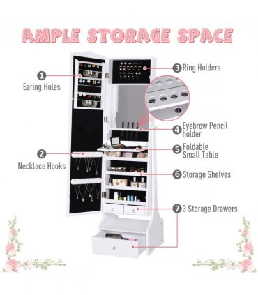 Mirrored Jewelry Cabinet Armoire Floor Standing  Lock, LED Light White