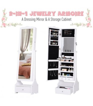 Mirrored Jewelry Cabinet Armoire Floor Standing  Lock, LED Light White