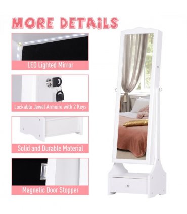 Mirrored Jewelry Cabinet Armoire Floor Standing  Lock, LED Light White